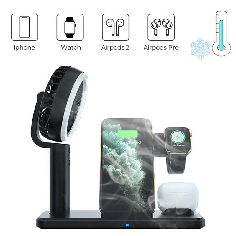 Black wireless charging dock with fan and phone and smartwatch charging stations