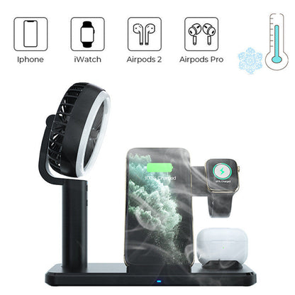 Black wireless charging dock with fan and phone and smartwatch charging stations