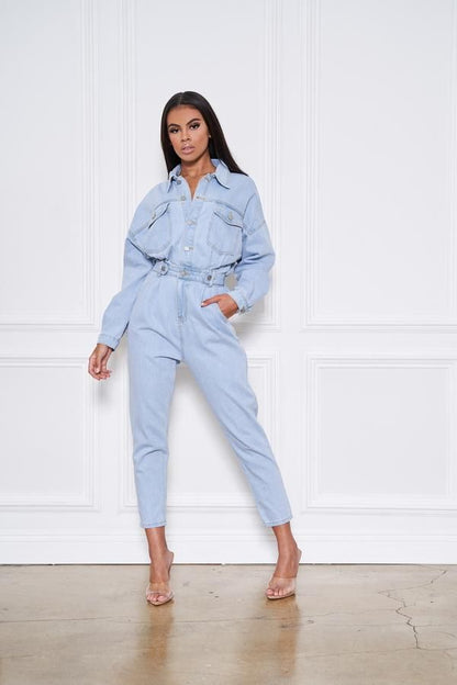Button Front Pocket Design Long Sleeve Light Blue Jumpsuit
