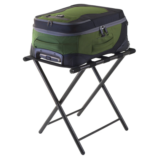 Folding luggage rack with green fabric top and black metal frame, two end straps