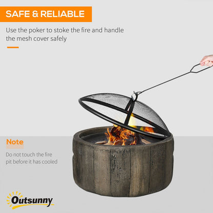 Outdoor Fire Pit with Stump Effect, 18-inch Wood-burning Brazier Fireplace with Spark Screen & Poker for Backyard Camping Bonfire, Dark Brown