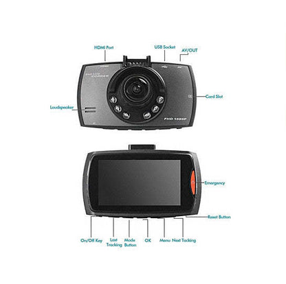Car dash camcorder with labeled ports, front lens, display screen, and buttons