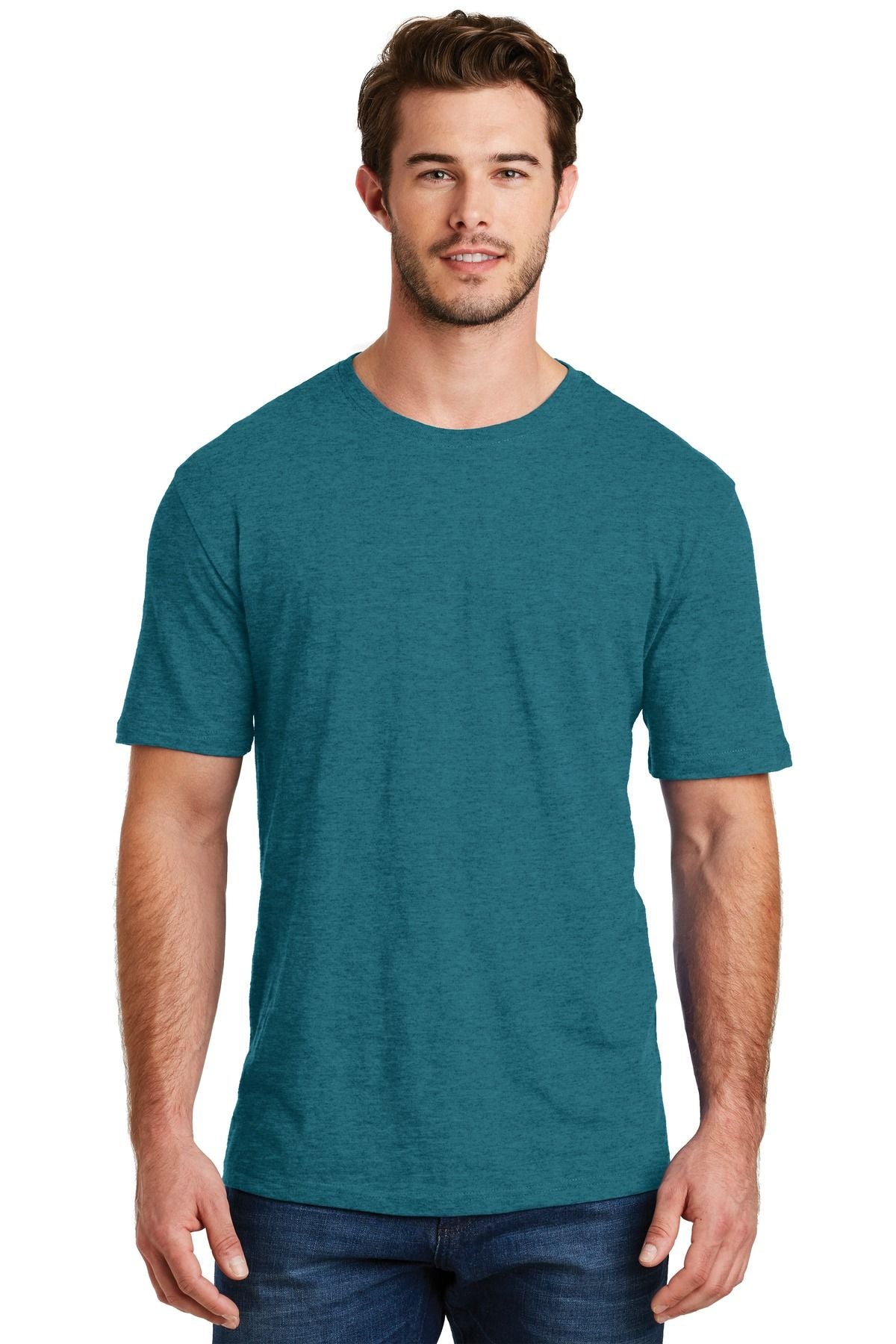 Teal crew-neck short-sleeve T-shirt with a straight hem.