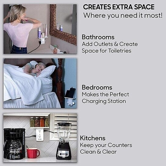 Wall outlet with built-in shelf used for charging in bathroom, bedroom, and kitchen