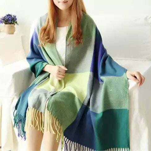 Reversible shawl with blue, green, and lime blocks; fringed ends