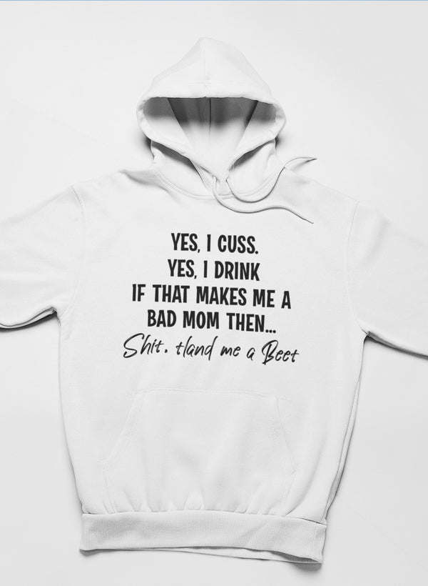 White pullover hoodie with hood and kangaroo pocket, black front slogan