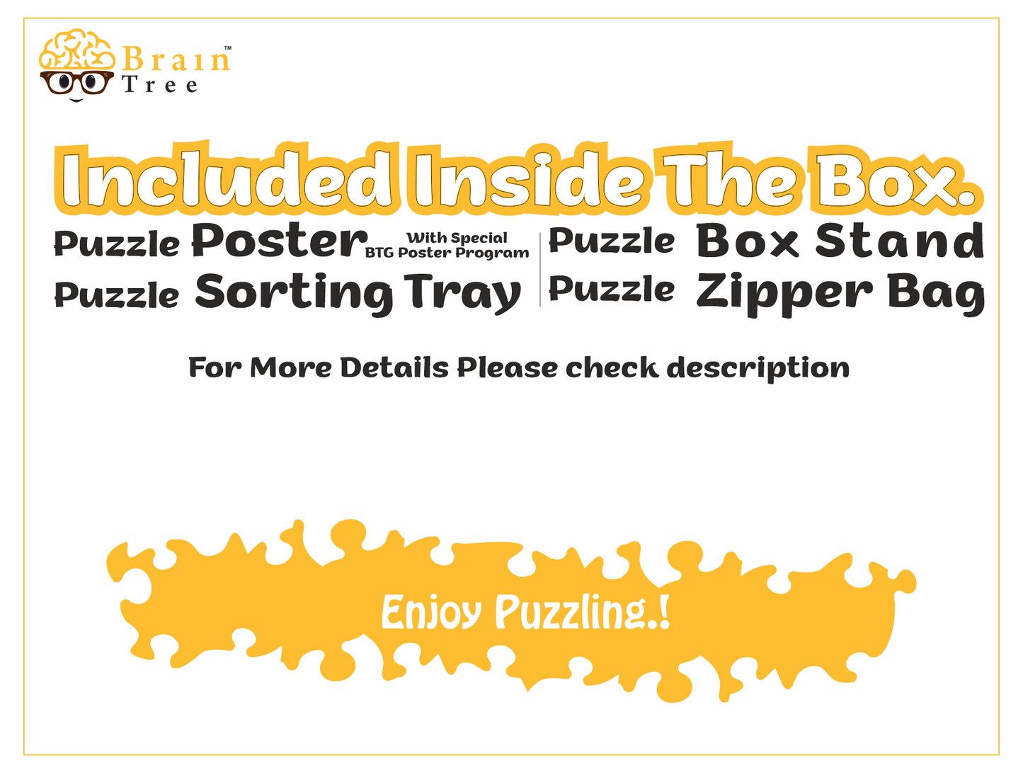 Brain Tree puzzle insert card reading Included Inside The Box with icons and lettering