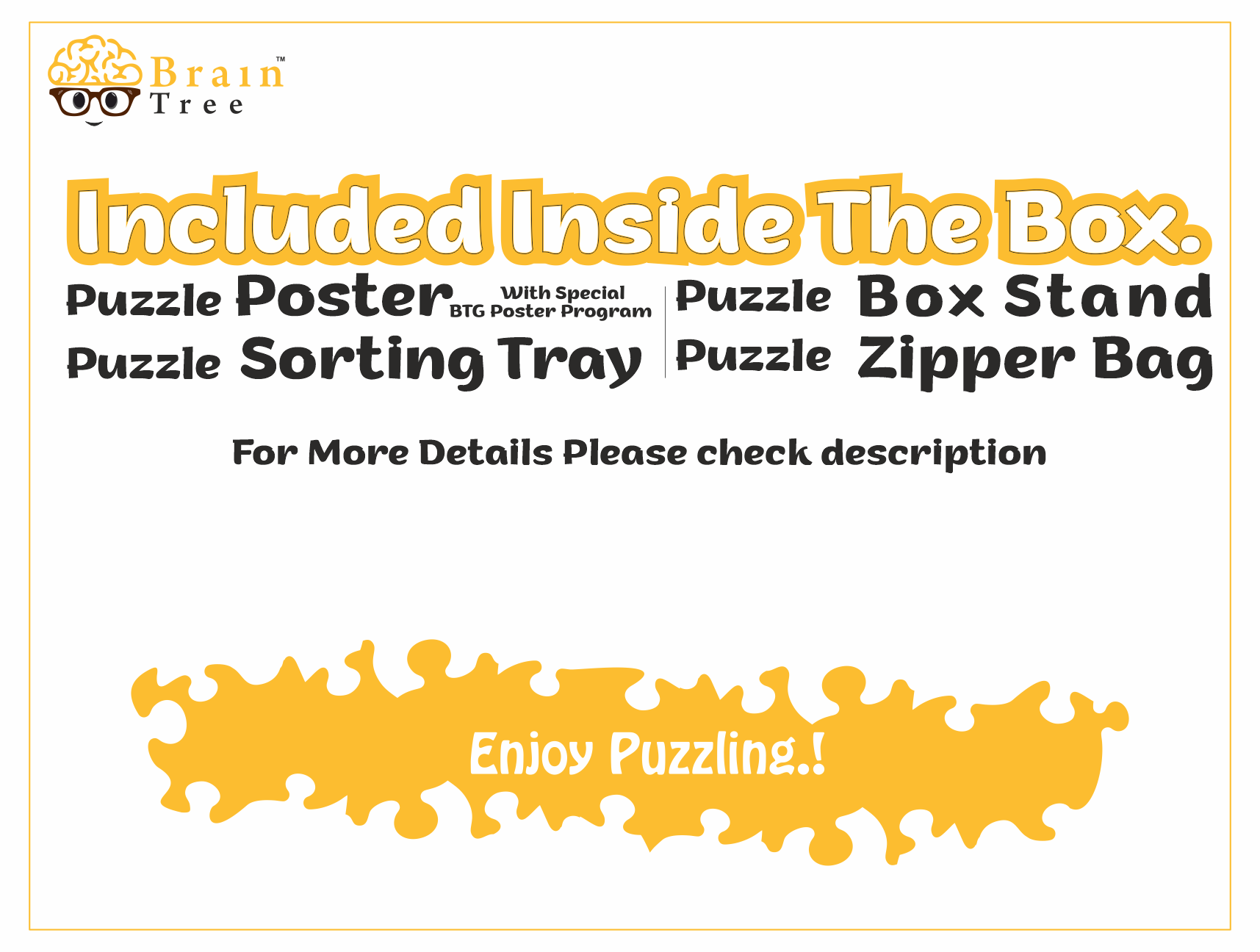 Brain Tree puzzle insert card reading Included Inside The Box with icons and lettering