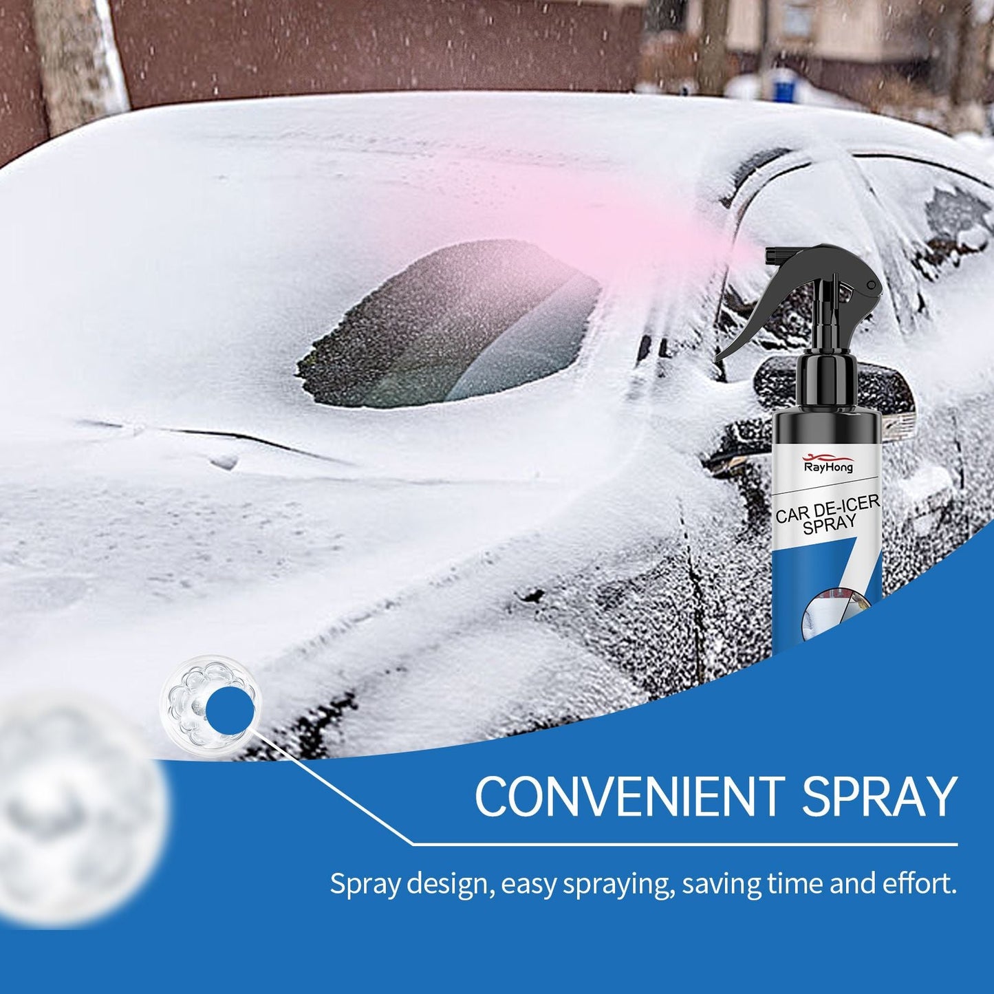 De-icer spray bottle over snow-covered car hood