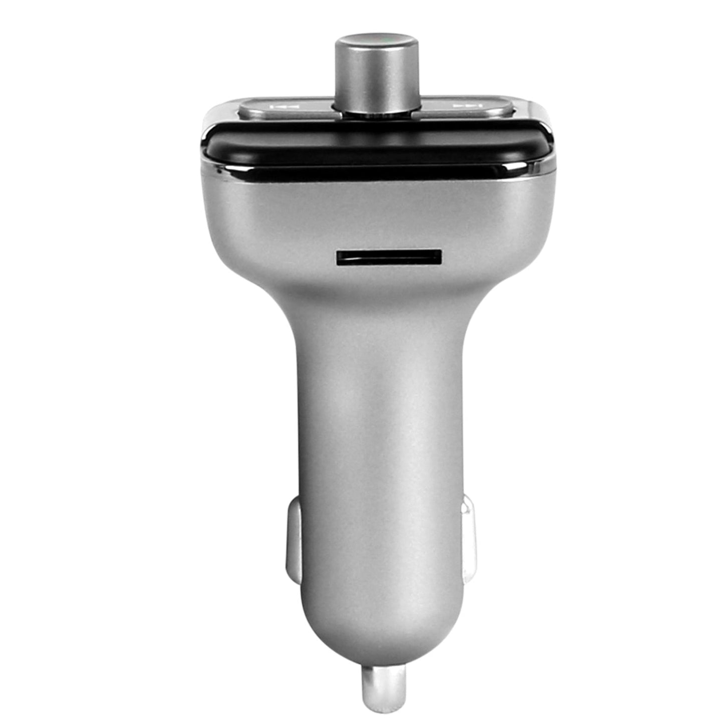 Silver car wireless FM transmitter plug with USB port on front