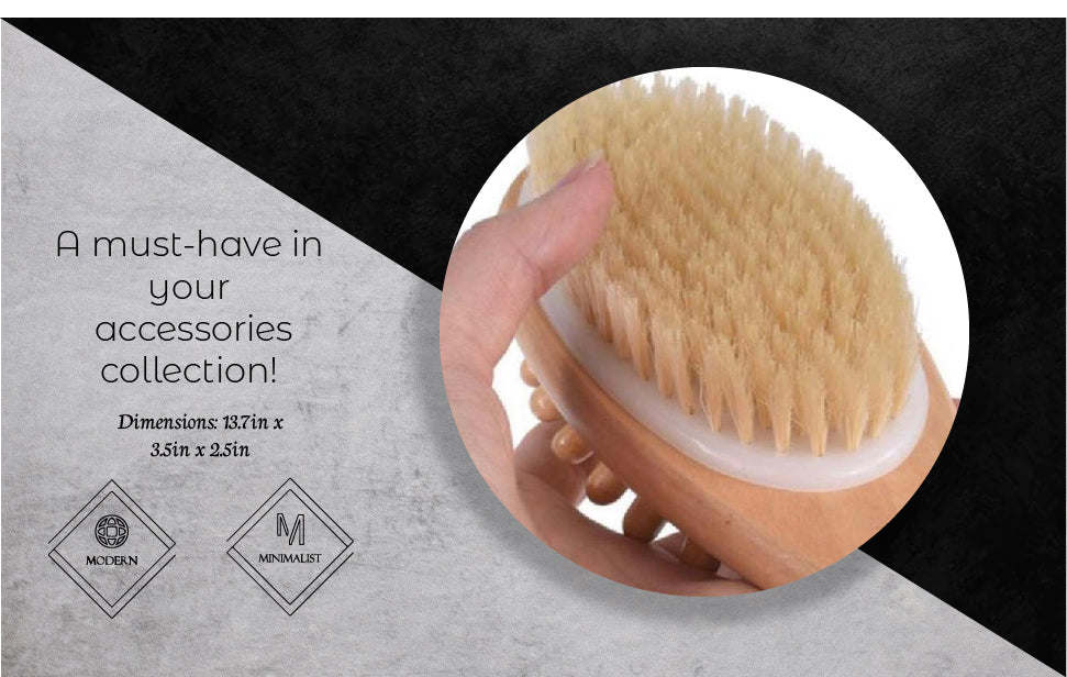 Handheld wooden massage brush with oval boar bristle head and thumb grip