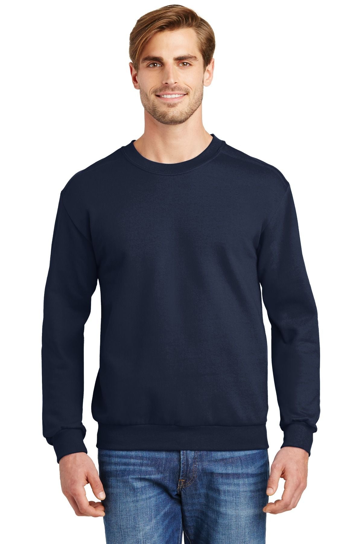 Navy crewneck sweatshirt with ribbed cuffs and hemline