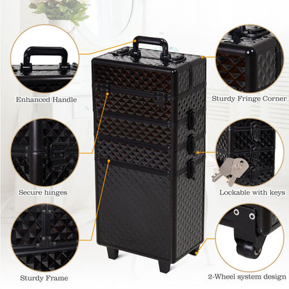 4 in 1 Makeup Train Case Portable Aluminum Rolling Cosmetic Organizer Trolley with Wheels Multiple Compartments Black