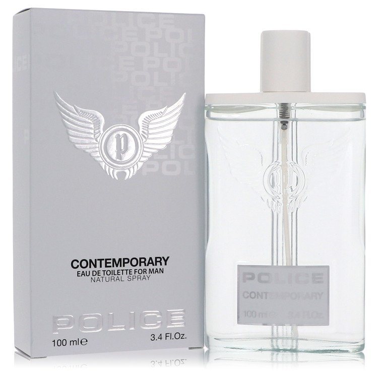 Men's eau de toilette spray bottle with clear glass, white cap, and Contemporary label