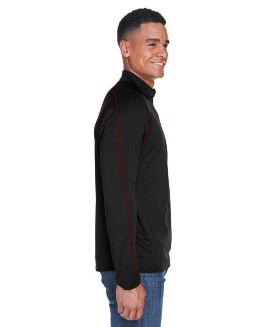 Men's black quarter-zip performance top, side view with red contrast trim
