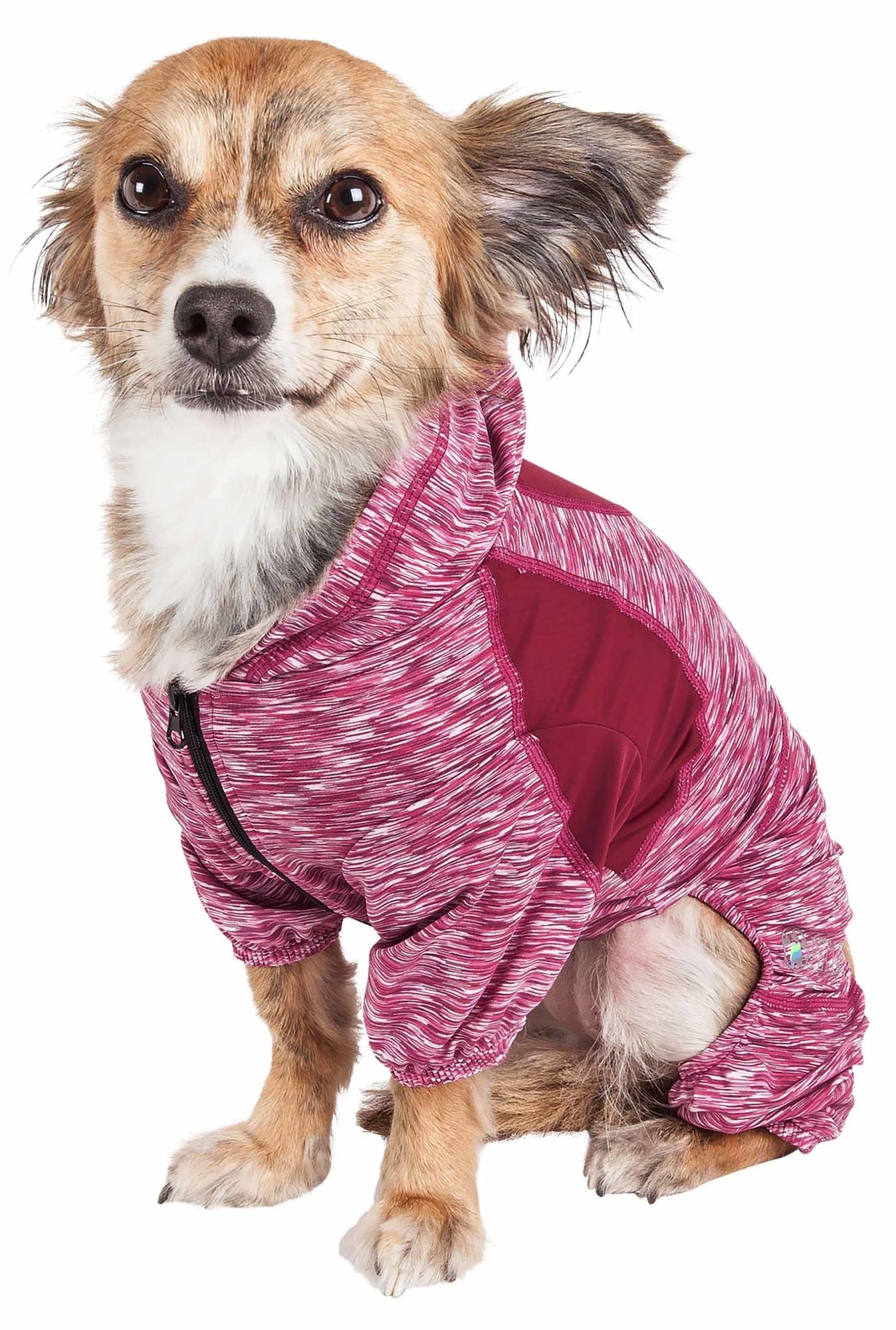 Two-tone heathered dog warm up hoodie with hood and paw openings, maroon/pink