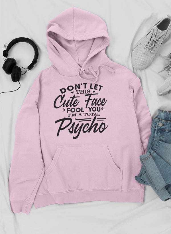 Light pink hoodie with front pocket, pullover hood, drawstrings, and graphic text logo