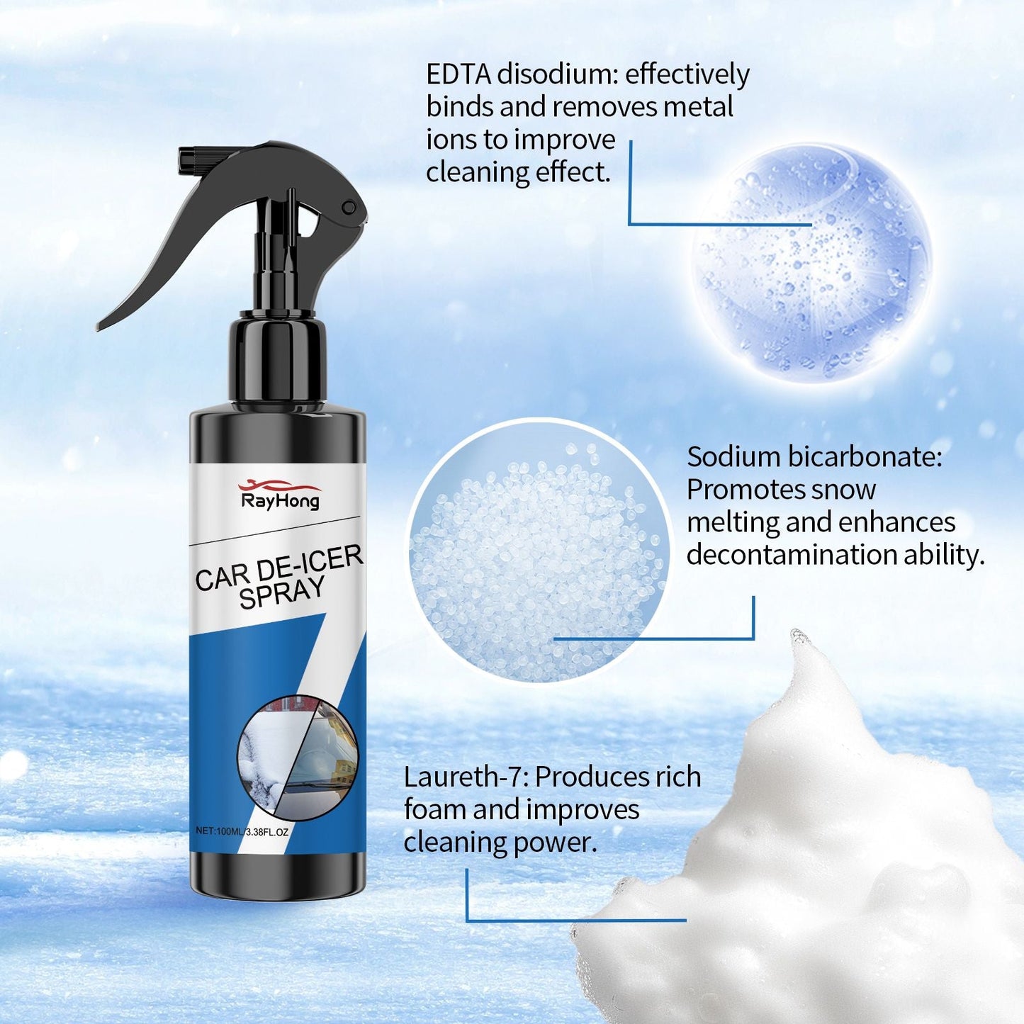 De-icer spray bottle with blue water droplet graphics