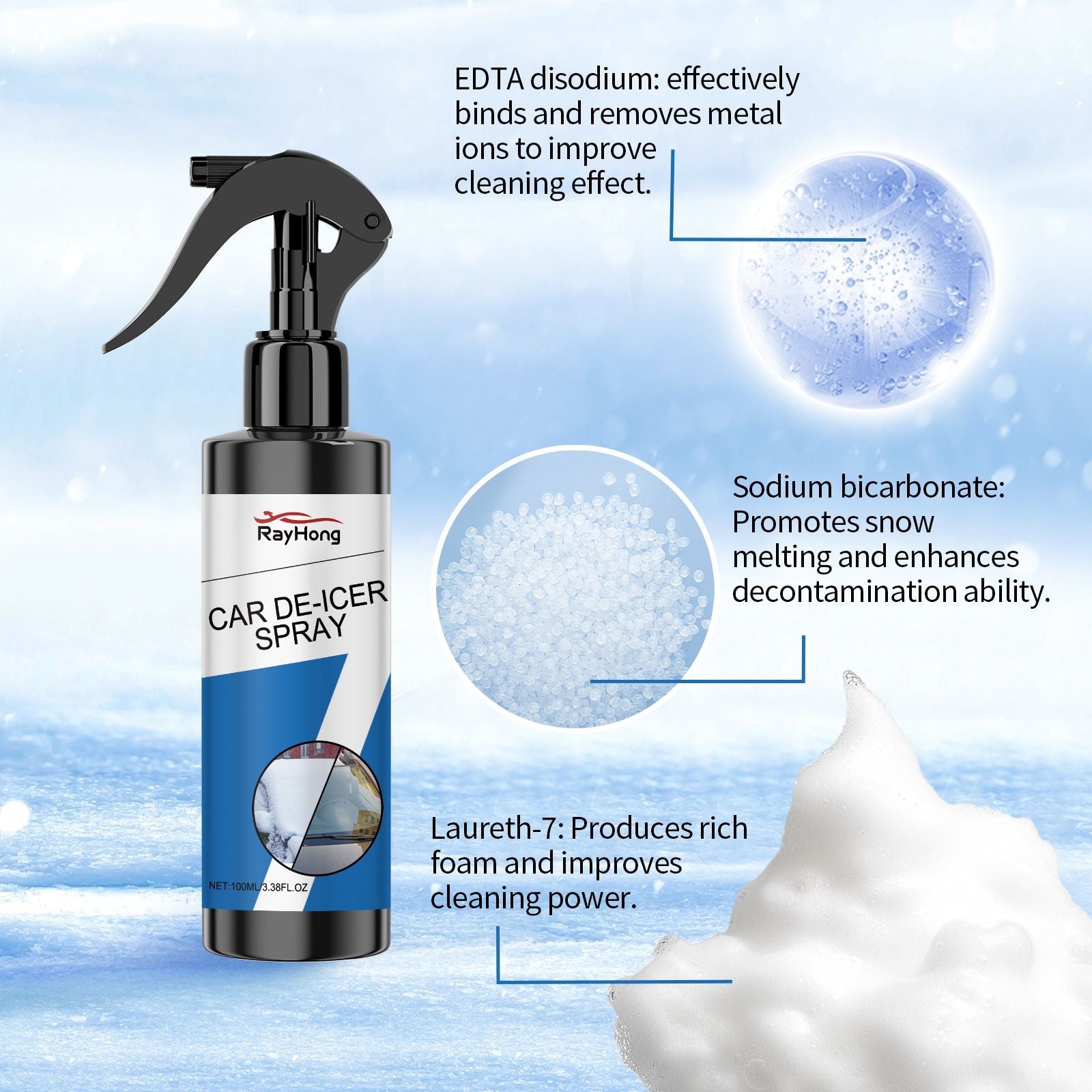 De-icer spray bottle with blue water droplet graphics