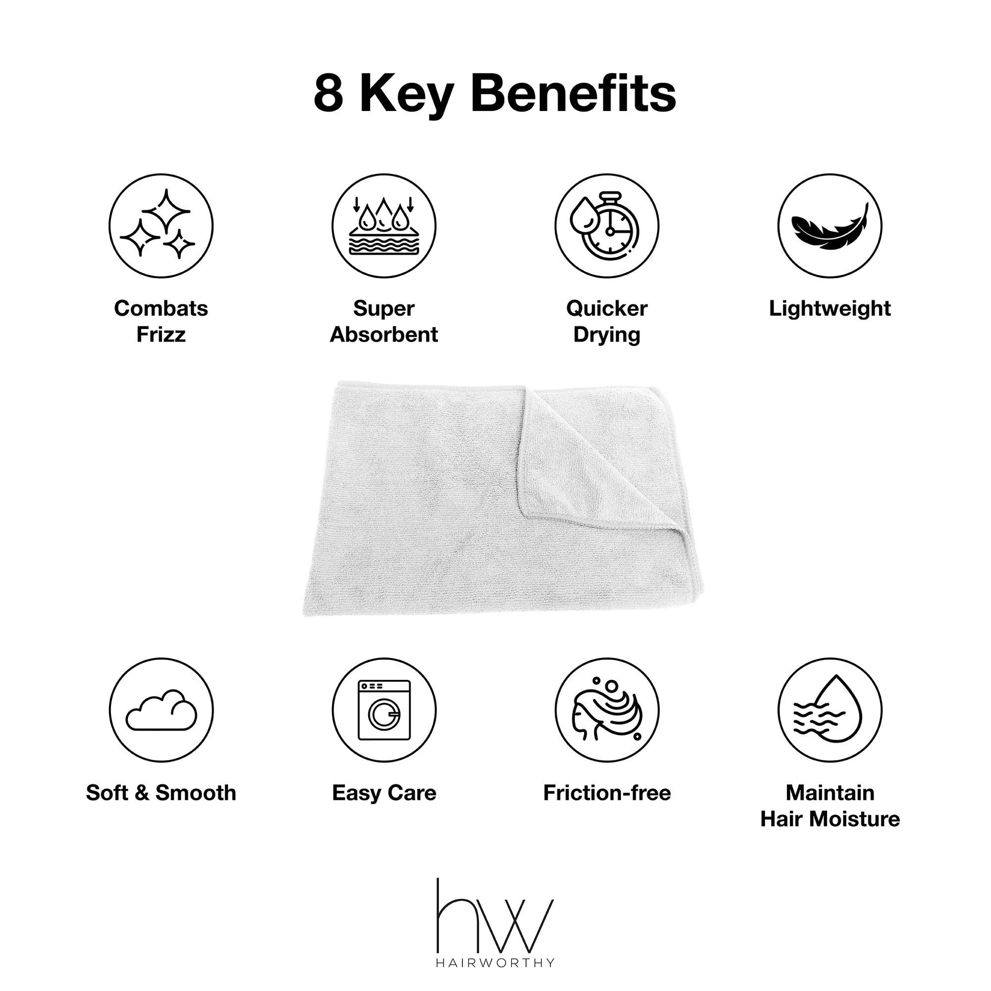 Folded light gray microfiber hair towel with benefit icons