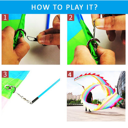 19.6ft Washable Silk-like Dragon Poi for Kids & Adults, 6 meters of Outdoor Flinging Fitness Dance with 3D Rainbow Color Dragon Ribbon Streamer Set