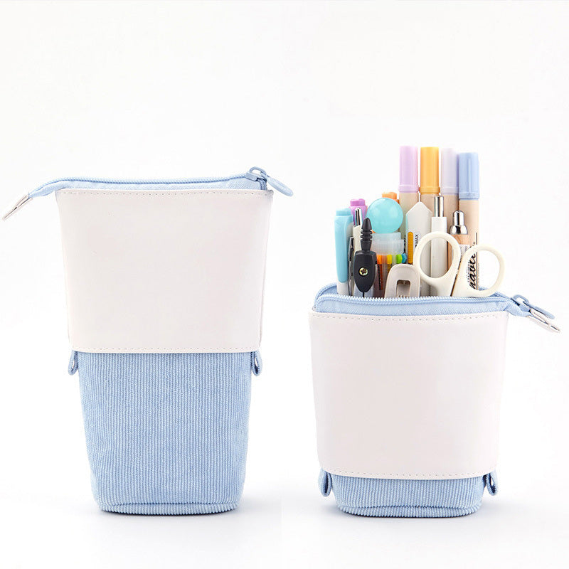 PU corduroy telescopic pen case, white top with light blue striped sleeve, zipper closure