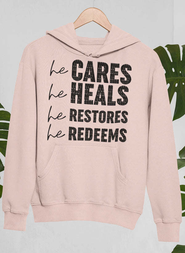 Mauve pullover hoodie with hood and kangaroo pocket, 'he CARES...' text