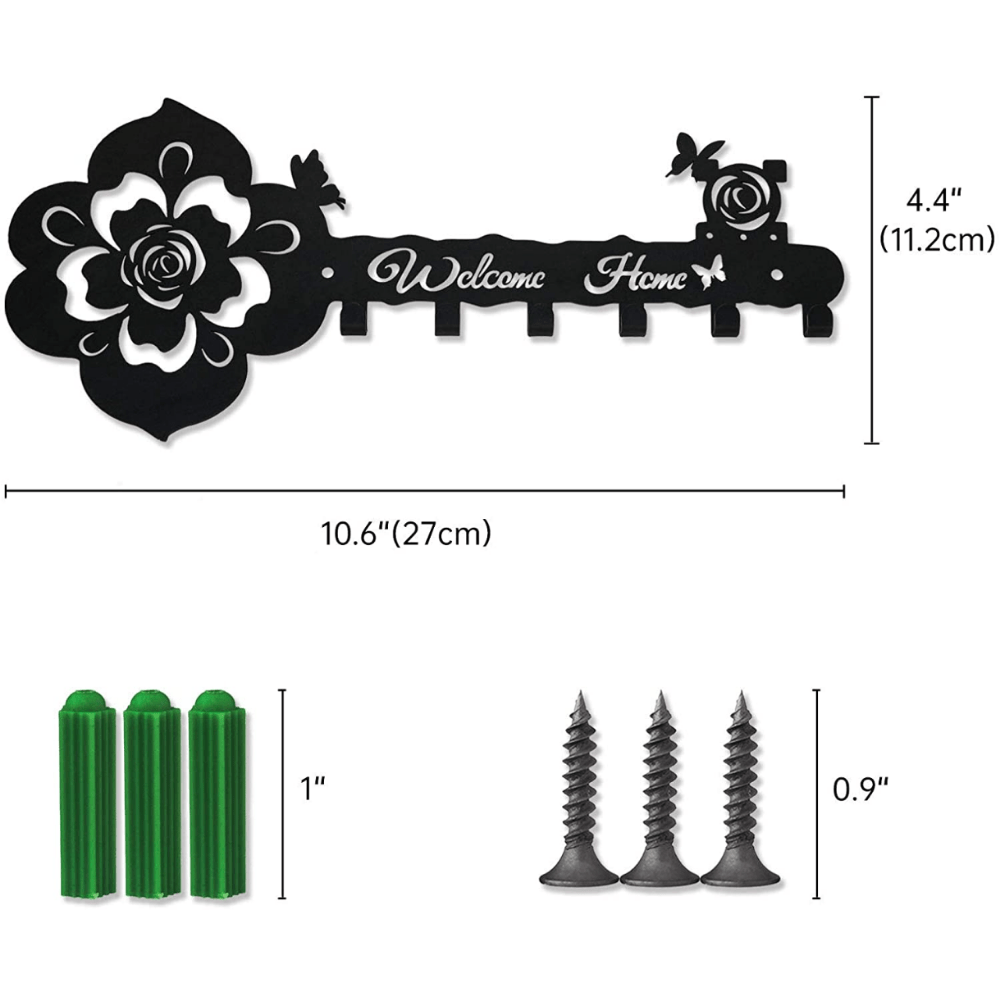 Black rose and butterfly key hanger wall decoration with 5 hooks and “Welcome Home”