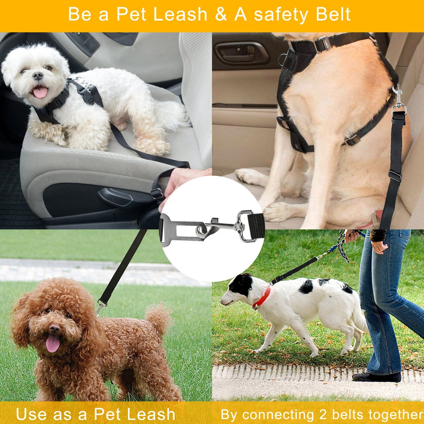 Two black pet leash and safety belt straps connected to a dog harness in use.