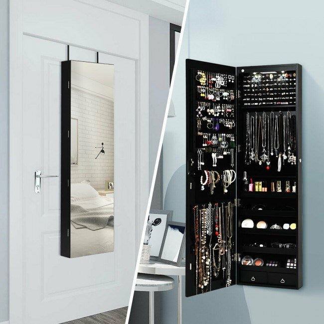 Mirrored jewelry cabinet with lights, wall-mounted mirrored door beside open jewelry storage