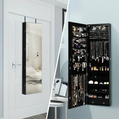 Mirrored jewelry cabinet with lights, wall-mounted mirrored door beside open jewelry storage
