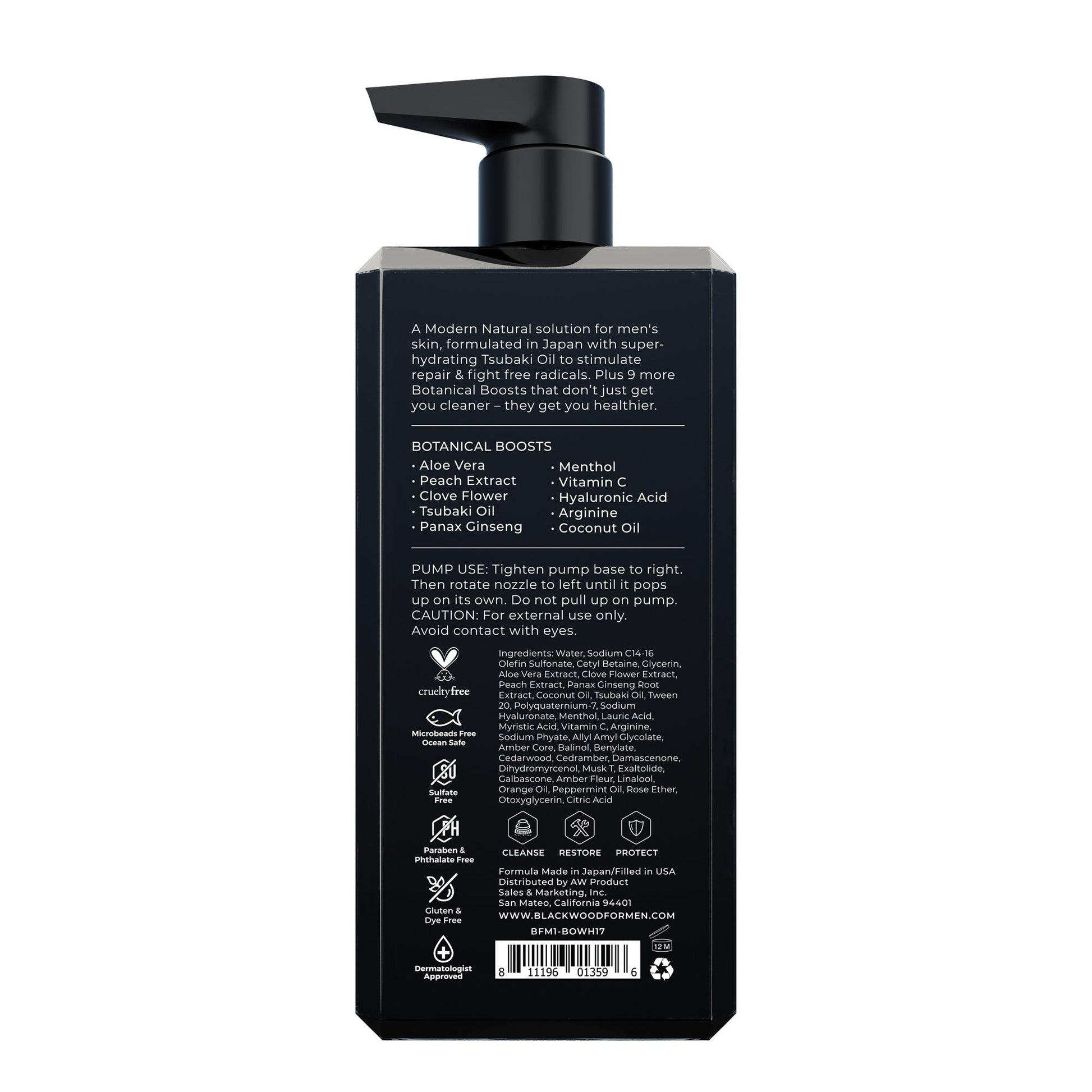 Moisturizing body wash bottle back panel with ingredients and barcode