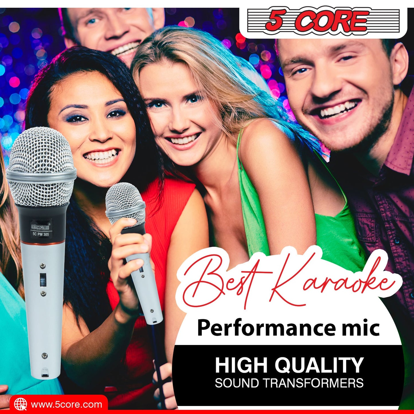 Handheld wired karaoke microphone with silver mesh grille and light blue handle