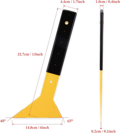 Yellow window film squeegee with long handle and triangular scraper tip