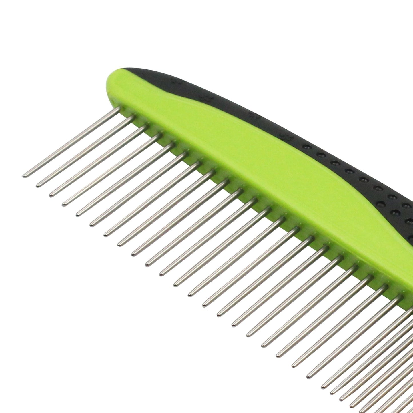 Green pet grooming comb with narrow metal teeth row and black handle
