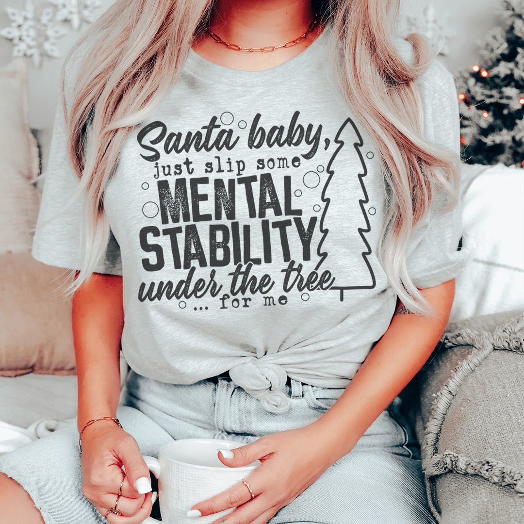 Light gray graphic T-shirt with front Santa baby text and tree outline