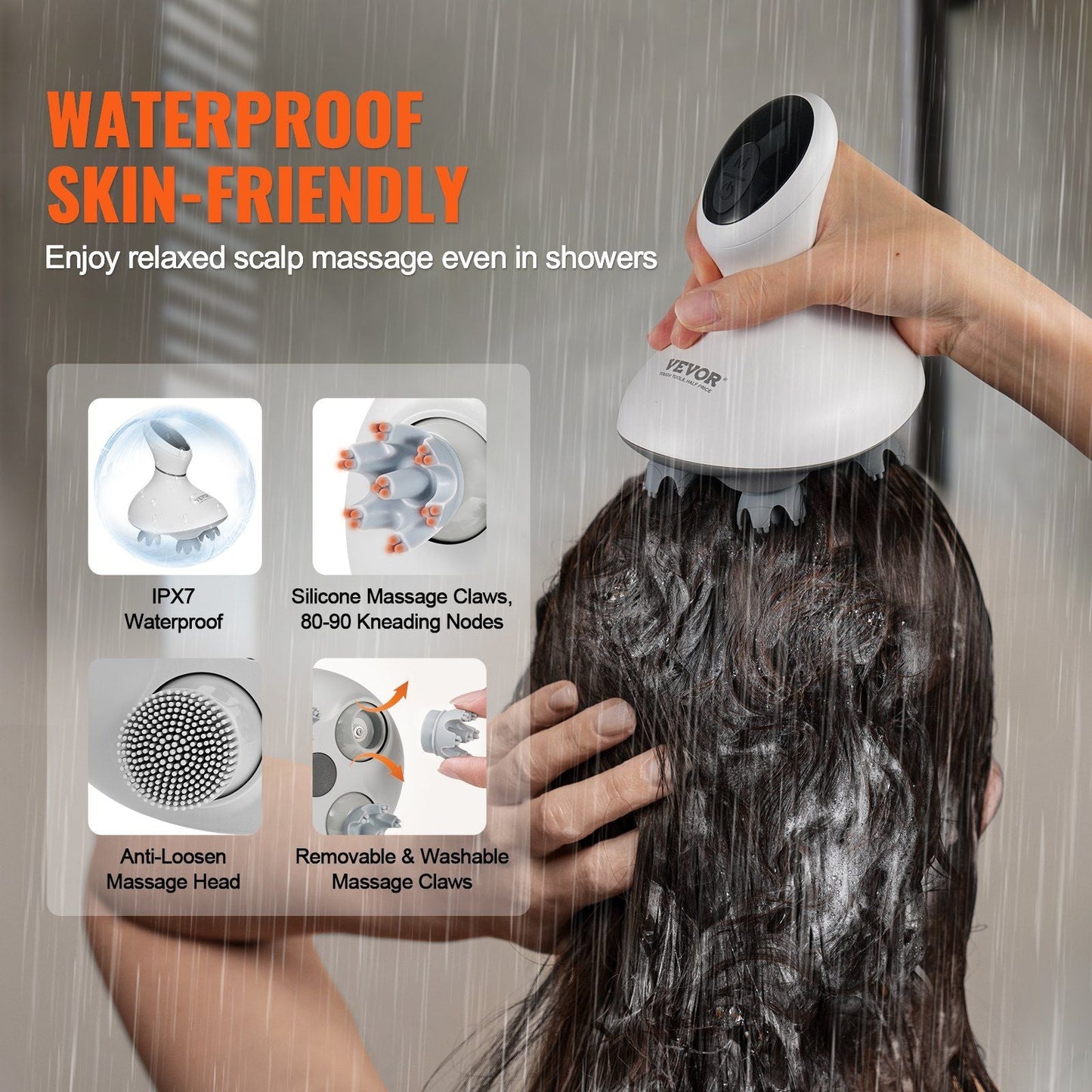 Rechargeable VEVOR Electric Scalp Massager for Hair Growth & Stress Relief, IPX7 Waterproof Design, 8 Removable Heads, Perfect Gift for Mom or Dad
