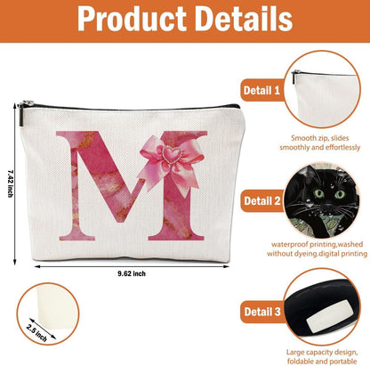 Personalized Initial Makeup Bag, Monogram Bow Travel Toiletry Make Up Bags Cute Preppy Cosmetic Bag Pouch Makeup Organizer Mothers Day Wedding Birthday Gifts for Women Friends Sister Girls Pink M
