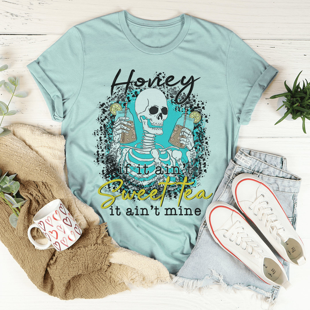 Light teal crew-neck T-shirt with skull and sweet tea script graphic