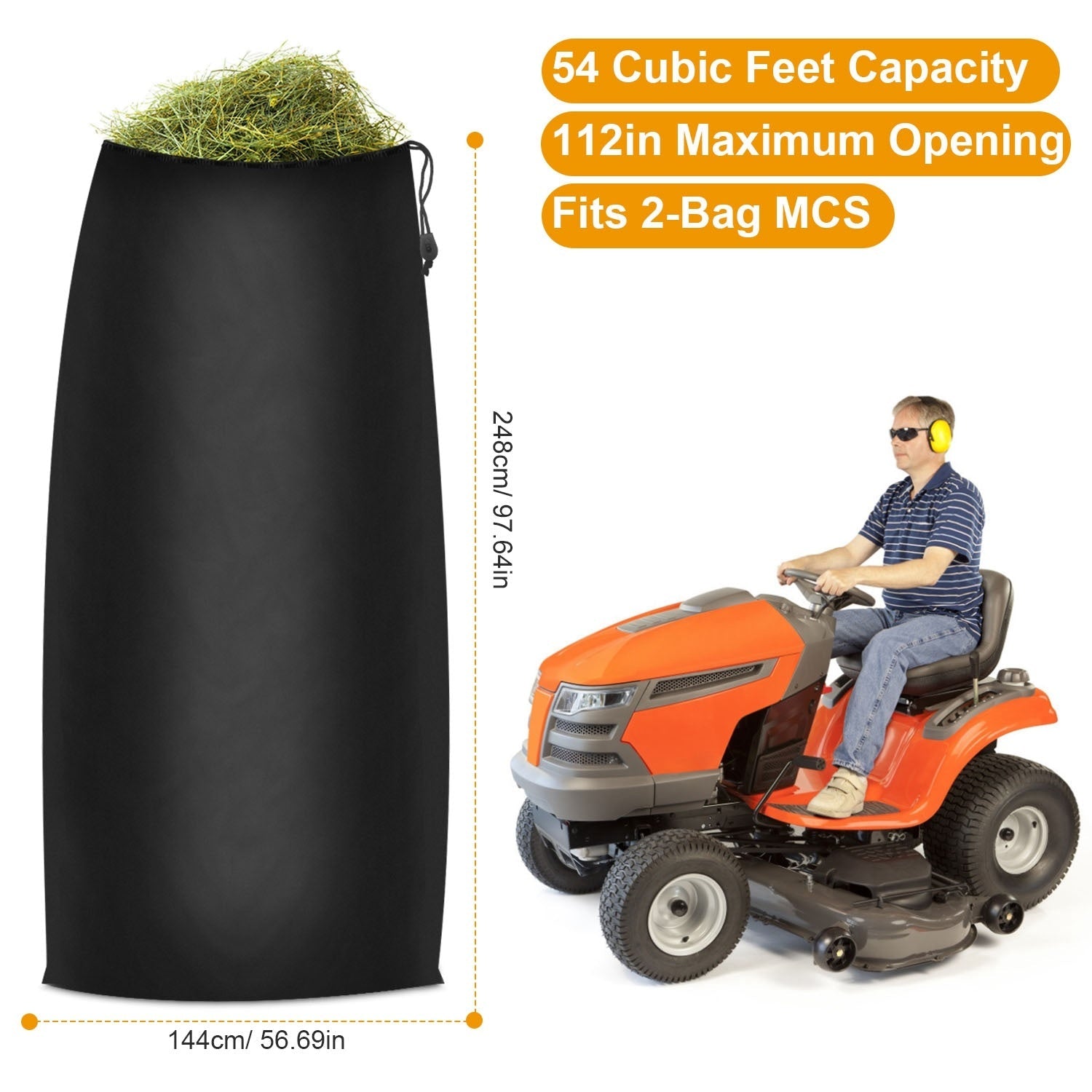 Black lawn tractor leaf bag with cinched drawstring opening and side loops