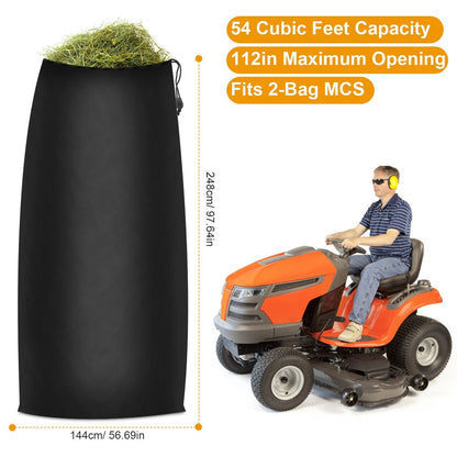 Black lawn tractor leaf bag with cinched drawstring opening and side loops