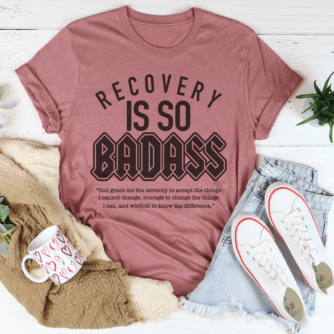Mauve T-shirt with “RECOVERY IS SO BADASS” logo graphic on chest