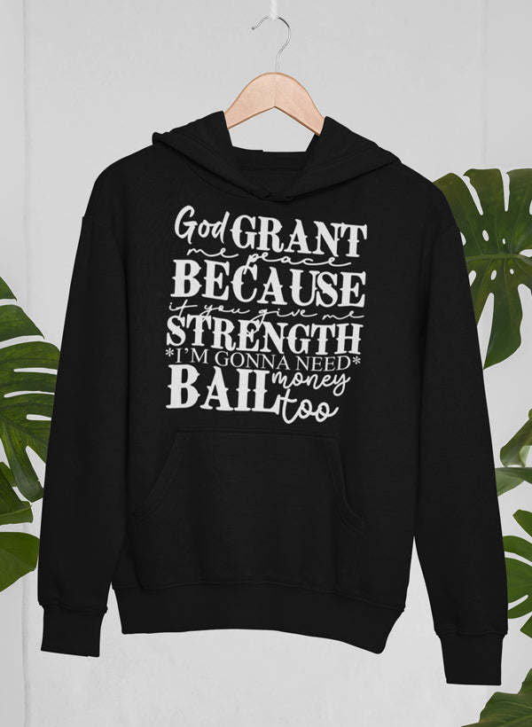 Black pullover hoodie with front quote graphic and kangaroo pocket