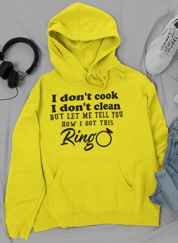 Bright yellow pullover hoodie with front pocket and 'RingO' graphic