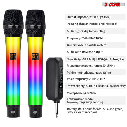 5 Core Microphone Wireless Karaoke Singing Mic Rechargeable Microfono w Lights