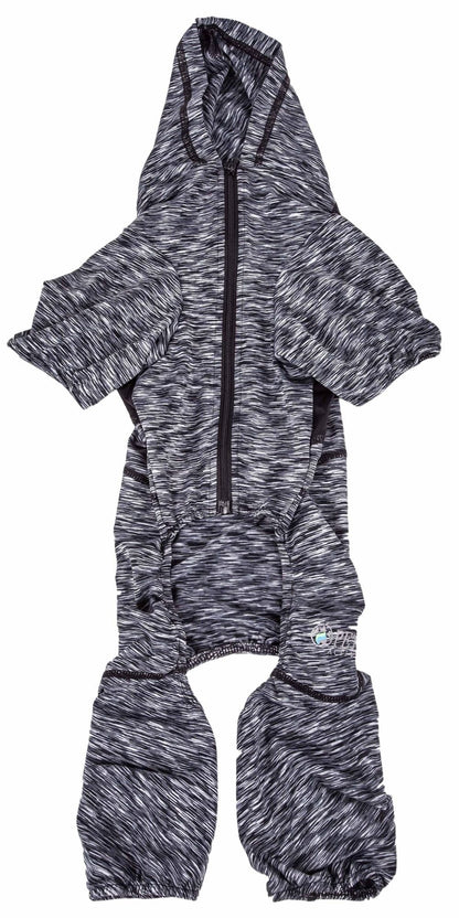 Dog full-body warm up hoodie, heathered black and gray with zip front