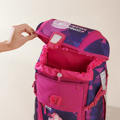 Children's pink school backpack open front pocket with mermaid patch and buckle