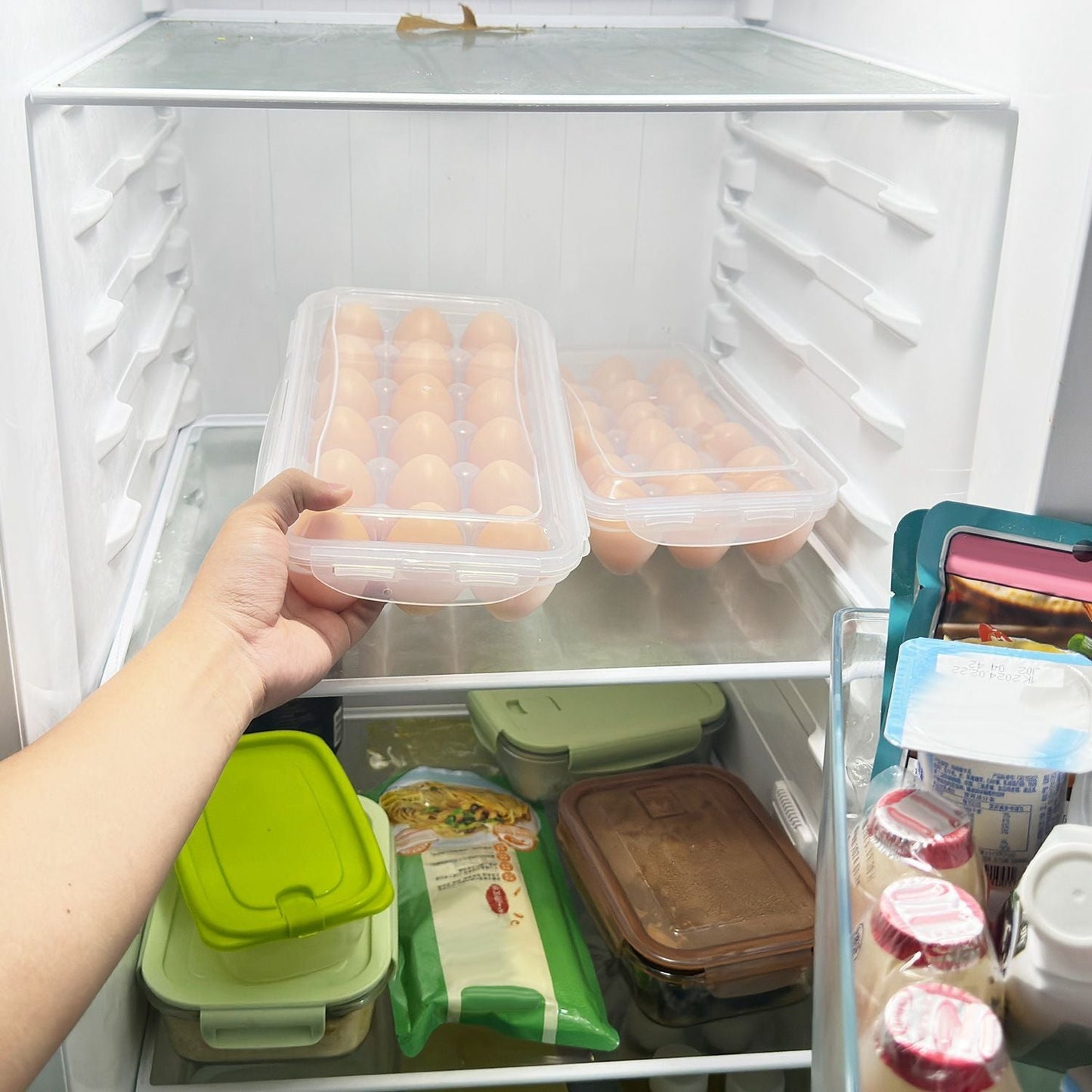 2Pcs Egg Holder Stackable Plastic Egg Storage Box Egg Rack for Refrigerator with 18 Cavity Per Container Dishwasher Safe