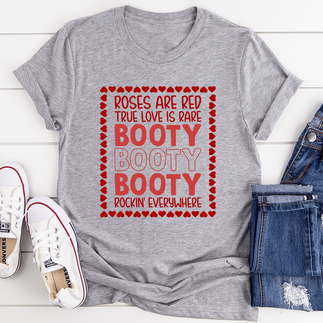 Grey heather T-shirt with red heart-framed 'BOOTY' graphic and smaller slogan