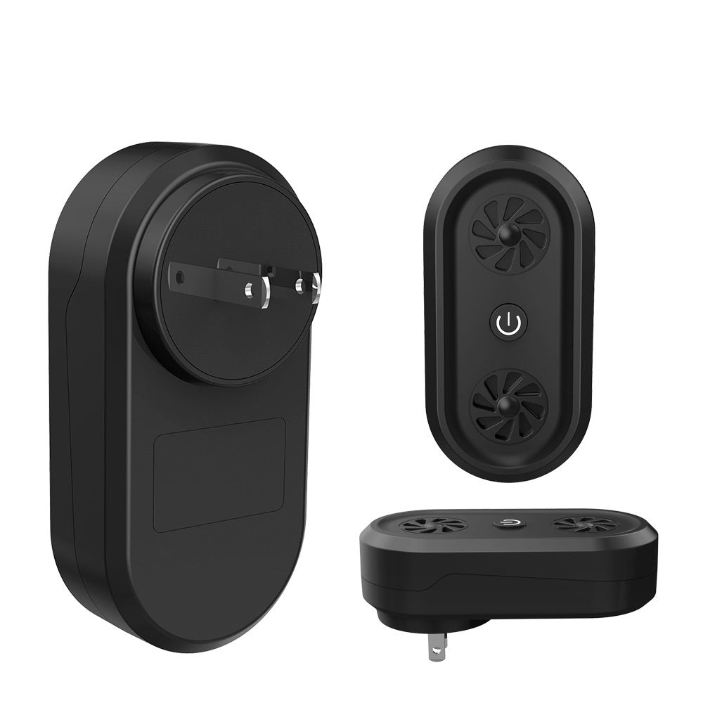 Black ultrasonic pest repellent unit with dual speaker grilles and power indicator